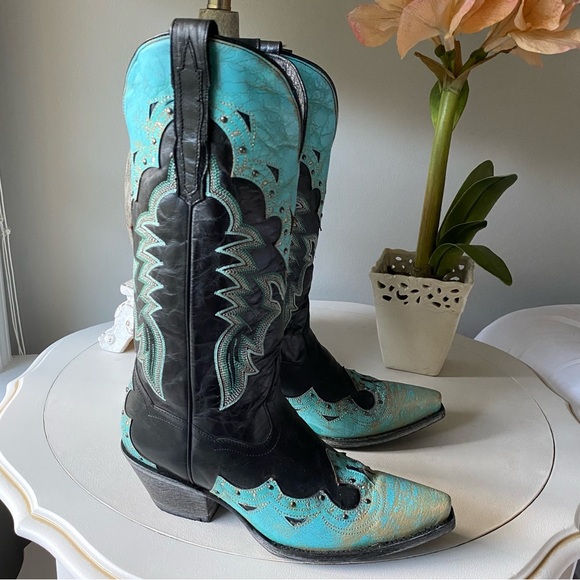 Dan Post Tia Snip Toe Leather Western Cowboy Boot US Womens‎ 8 Turquoise Black - Picture 2 of 13